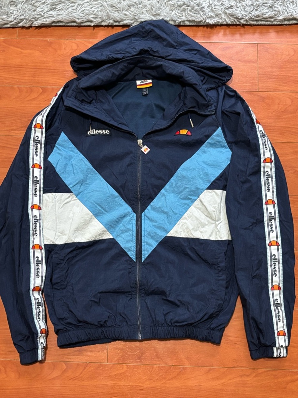 Ellesse Navy, Light Blue & White Chevron Hooded Windbreaker
